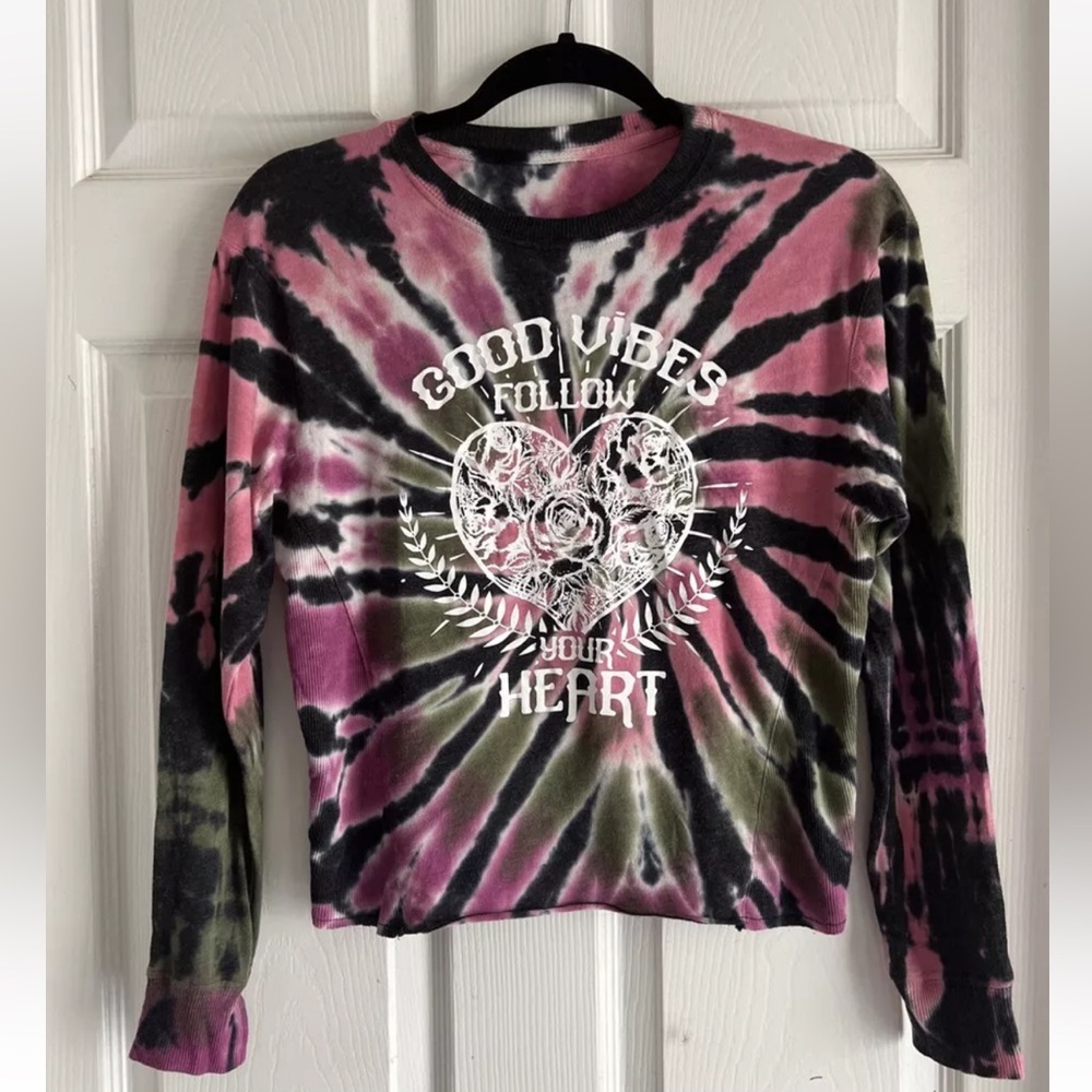 XS Tie Dye Long Sleeve Shirt Good Vibes Boho Soft Layer Hippie Top